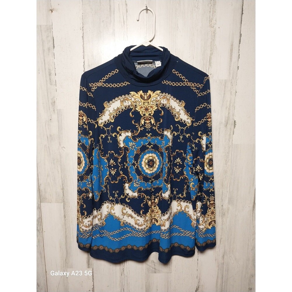 Susan Graver Sz L Blue Gold White Mock Liquid Knit Blouse Flowy Top Statement